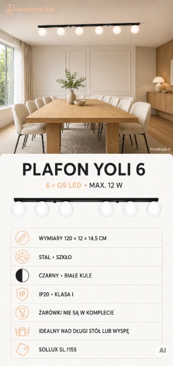 Plafon YOLI 6 SL.1155 łączy czarną, stalową listwę z sześcioma białymi kulami. Nowoczesna lampa sufitowa 6xG9 o długości 120 cm pasuje do kuchni, jadalni, salonu i przestronnego gabinetu.