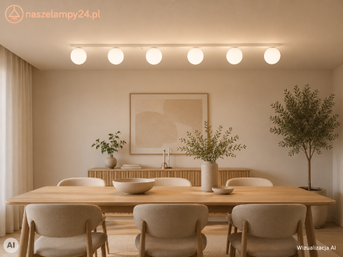 Beżowy plafon YOLI 6 Sollux to nowoczesna lampa sufitowa z sześcioma białymi szklanymi kulami. Model SL.2236 o długości 120 cm świetnie prezentuje się nad stołem, wyspą kuchenną i w salonie. Wymienne źródła światła 6xG9.