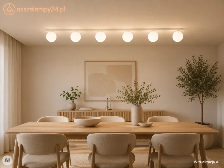 Beżowy plafon YOLI 6 Sollux to nowoczesna lampa sufitowa z sześcioma białymi szklanymi kulami. Model SL.2236 o długości 120 cm świetnie prezentuje się nad stołem, wyspą kuchenną i w salonie. Wymienne źródła światła 6xG9.