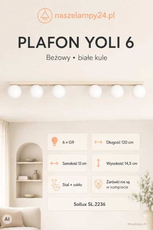 Plafon sufitowy YOLI SL.2236 łączy beżową stalową listwę z sześcioma białymi kloszami w kształcie kul. Lampa 6xG9 ma 120 cm długości i pasuje do jadalni, kuchni oraz salonu w stylu modern organic, skandynawskim lub minimalistycznym.