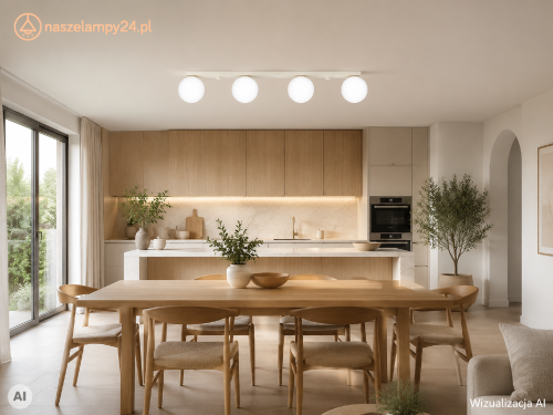 Beżowy plafon YOLI 4 Sollux to nowoczesna lampa sufitowa z czterema białymi kulami. Model SL.2235 ma 88 cm długości i świetnie prezentuje się nad stołem, wyspą kuchenną lub barkiem. Wymienne źródła światła 4xG9.