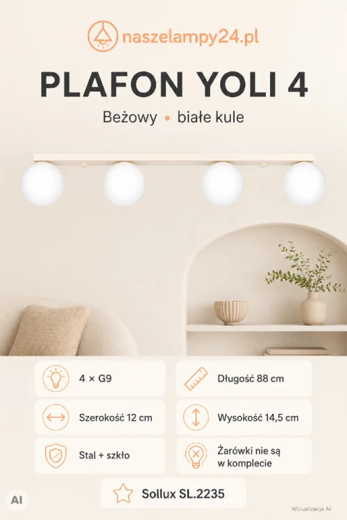 Plafon sufitowy YOLI SL.2235 ma beżową stalową listwę i cztery białe klosze w kształcie kul. Lampa 4xG9 o długości 88 cm pasuje do jadalni, kuchni i salonu w stylu modern organic, japandi lub skandynawskim.