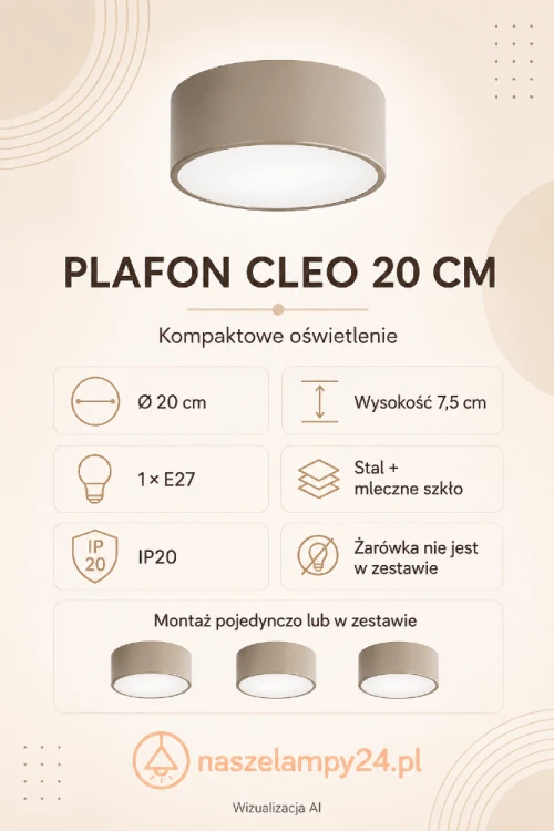 Nowoczesny plafon sufitowy CLEO 20 cm marki Temar ma tylko 7,5 cm wysokości. Beżowa stalowa obudowa, mleczny klosz i wymienna żarówka E27 zapewniają funkcjonalne oświetlenie przedpokoju, garderoby lub biura.