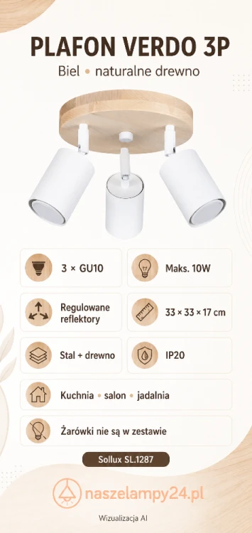 Nowoczesna lampa sufitowa VERDO 3P 3xGU10 ma okrągłą drewnianą podstawę i trzy białe regulowane tuby. Kompaktowe wymiary 33 × 33 × 17 cm sprawiają, że plafon dobrze prezentuje się również w niższym wnętrzu.