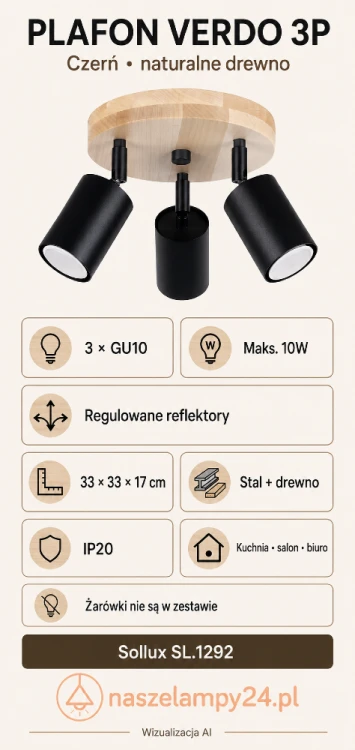 Czarny plafon z drewnem VERDO 3P marki Sollux umożliwia niezależną regulację trzech reflektorów GU10. Wyrazista czerń i naturalne drewno tworzą stylowe oświetlenie do kuchni, salonu, sypialni, przedpokoju lub biura.