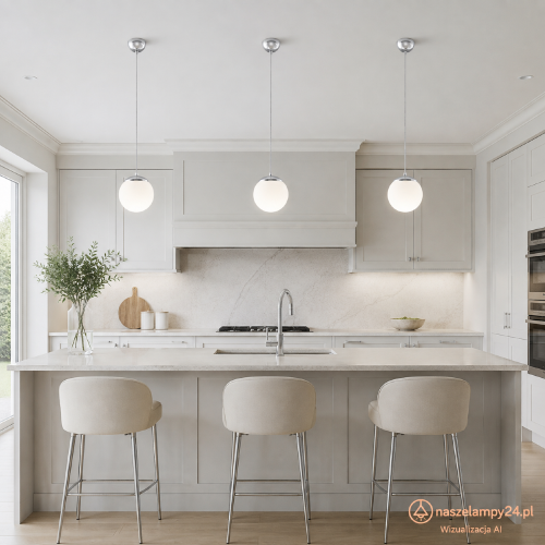 Biała lampa wisząca kula UGO 20 cm 1xE27 Sollux to eleganckie oświetlenie do salonu, kuchni i jadalni. Mleczny szklany klosz subtelnie rozprasza światło, a chromowane elementy podkreślają nowoczesny charakter oprawy.