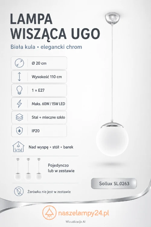 Nowoczesna lampa wisząca UGO SL.0263 z białym kloszem kulą o średnicy 20 cm. Model wykonano ze szkła i stali w kolorze chromu. Gwint E27 umożliwia dobranie żarówki LED odpowiedniej do salonu, sypialni, kuchni lub jadalni.