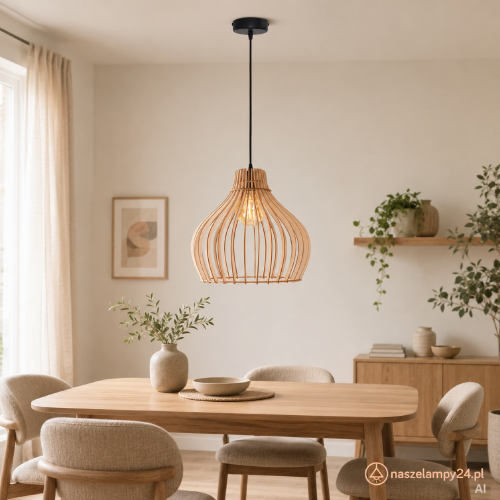 Drewniana lampa wisząca BARREL 38 cm 1xE27 to naturalna dekoracja salonu, kuchni i jadalni. Ażurowy klosz efektownie eksponuje żarówkę, a wysokość do 125 cm można skrócić podczas montażu. Maksymalna moc 40 W.