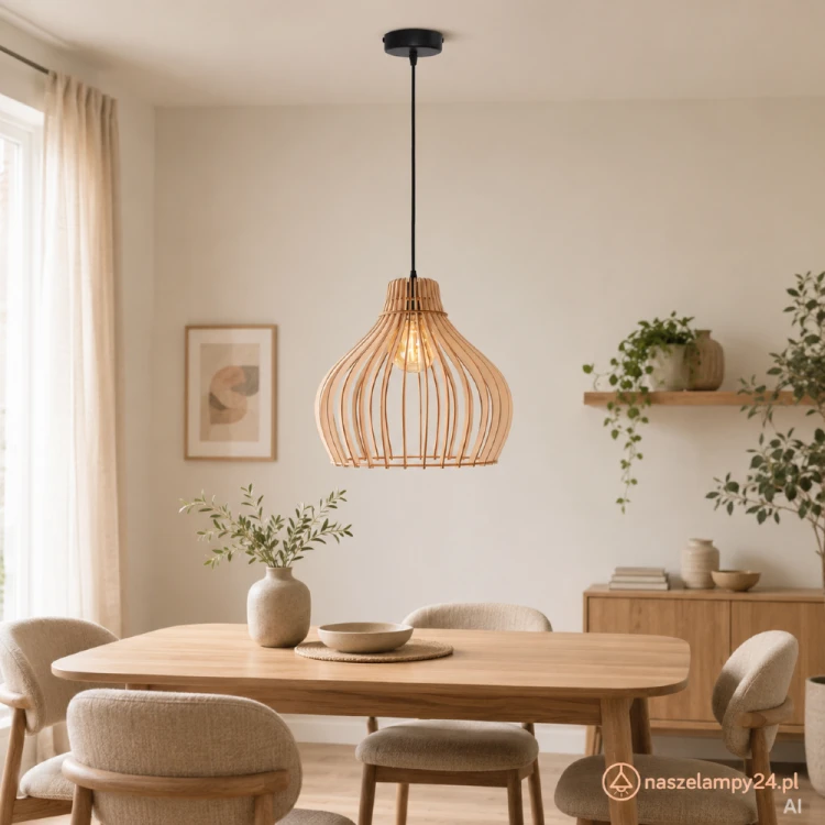 Drewniana lampa wisząca BARREL 38 cm 1xE27 to naturalna dekoracja salonu, kuchni i jadalni. Ażurowy klosz efektownie eksponuje żarówkę, a wysokość do 125 cm można skrócić podczas montażu. Maksymalna moc 40 W.
