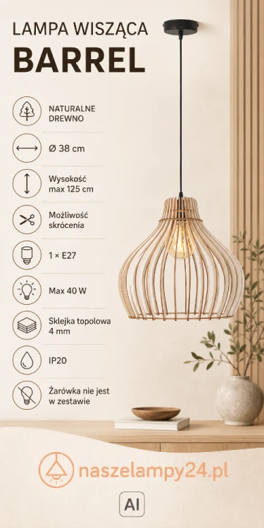 Ażurowa lampa wisząca BARREL 1xE27 zachwyca naturalnym, jasnobrązowym kloszem ze sklejki topolowej. Średnica 38 cm i możliwość skrócenia przewodu ułatwiają dopasowanie lampy do salonu, sypialni, kuchni lub jadalni.