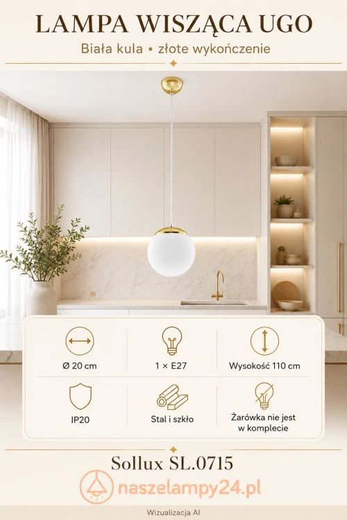 Lampa wisząca UGO 20 cm złota zachwyca białym szklanym kloszem i ponadczasową formą. Kula subtelnie rozprasza światło, a gwint E27 pozwala dobrać żarówkę LED. Idealna pojedynczo lub w zestawie kilku lamp nad wyspą.