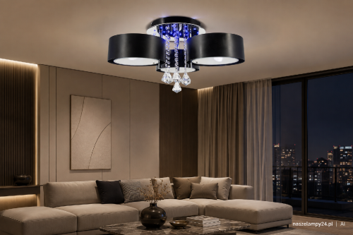 Plafon ANTILA 3xE27 + LED w kolorze czarny chrom to połączenie luksusu i funkcjonalności. Kryształki, pilot, zmiana barwy światła LED i funkcja Sleep sprawiają, że to idealna lampa do salonu, sypialni i jadalni. Styl glamour i nowoczesny design.