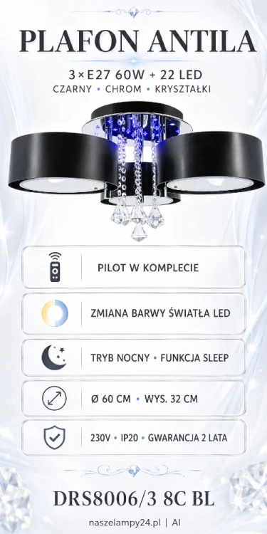 Nowoczesny plafon ANTILA czarny chrom z LED i pilotem to oświetlenie stworzone dla stylowych wnętrz. 3 źródła E27, 22 LED z regulacją barwy, funkcja Sleep, efektowne kryształki. Doskonały do salonu, apartamentu i wnętrz glamour.