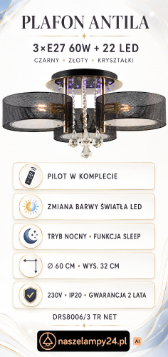 Plafon ANTILA czarny złoty 3xE27 + 22 LED z pilotem. Kryształki, zmiana barwy światła, funkcja Sleep. Idealny do salonu, sypialni i wnętrz glamour. Eleganckie wykończenie, perforowane klosze i efektowny blask