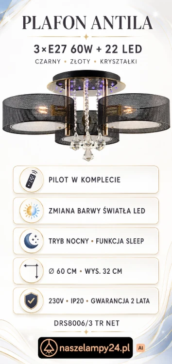 Plafon ANTILA czarny złoty 3xE27 + 22 LED z pilotem. Kryształki, zmiana barwy światła, funkcja Sleep. Idealny do salonu, sypialni i wnętrz glamour. Eleganckie wykończenie, perforowane klosze i efektowny blask