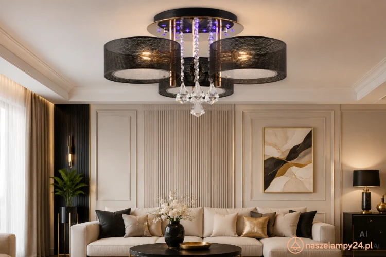 Plafon ANTILA czarny złoty 3xE27 + 22 LED z pilotem. Kryształki, zmiana barwy światła, funkcja Sleep. Idealny do salonu, sypialni i wnętrz glamour. Eleganckie wykończenie, perforowane klosze i efektowny blask