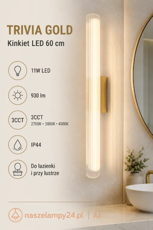 TRIVIA GOLD to smukły kinkiet LED do łazienki, garderoby lub sypialni. Złote wykończenie i ryflowany akrylowy klosz nadają mu elegancki wygląd. Lampa oferuje 930 lm, trzy barwy światła oraz ochronę IP44.