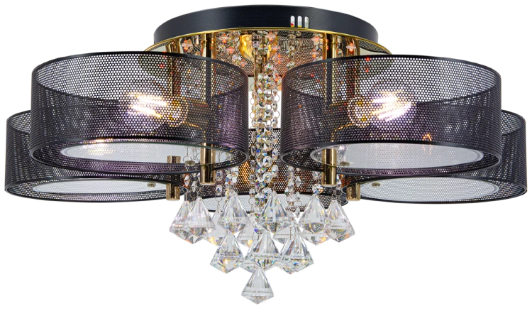 Nowoczesny plafon ANTILA z kryształami i siatkowanymi kloszami. 5xE27 + 27 LED, pilot, regulacja barwy światła, funkcja nocna. Idealny do salonów glamour i modern classic.