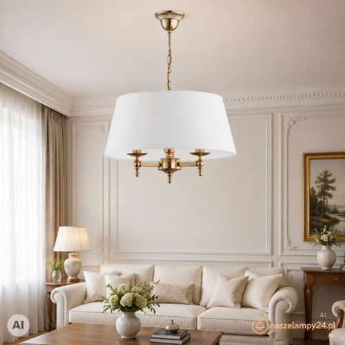 Klasyczna lampa sufitowa ROKSANA Alfa 16073 z trzema oprawkami E14 i dużym, białym abażurem. Dekoracyjna konstrukcja w kolorze patyny doskonale pasuje do eleganckiego salonu, jadalni, sypialni lub stylowego gabinetu.