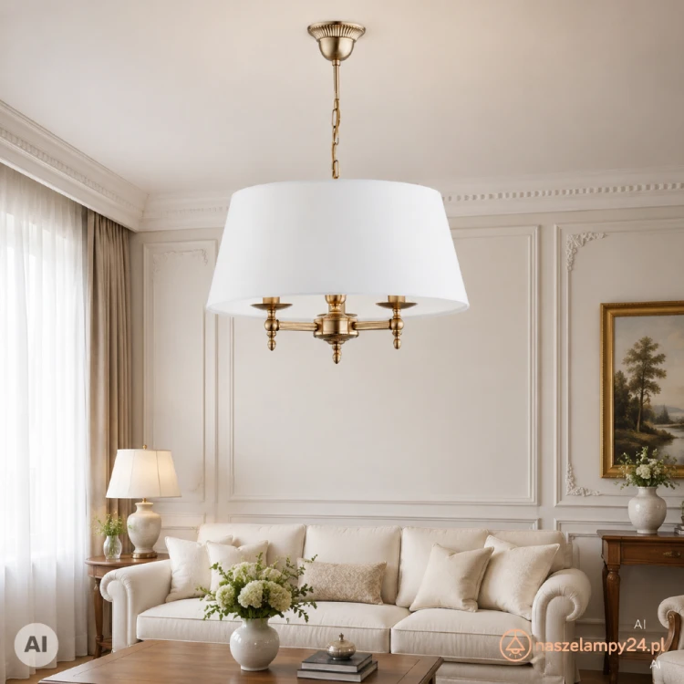 Klasyczna lampa sufitowa ROKSANA Alfa 16073 z trzema oprawkami E14 i dużym, białym abażurem. Dekoracyjna konstrukcja w kolorze patyny doskonale pasuje do eleganckiego salonu, jadalni, sypialni lub stylowego gabinetu.