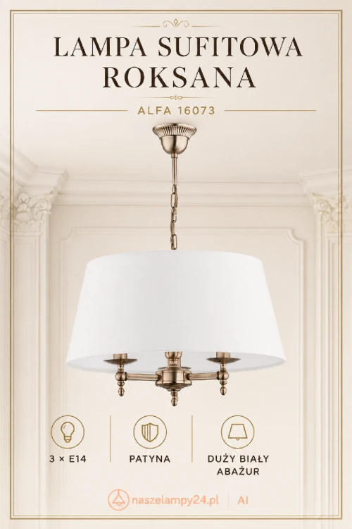 ROKSANA 3xE14 Alfa 16073 to elegancka lampa wisząca z białym abażurem i ozdobną konstrukcją w kolorze patyny. Zapewnia przyjemne światło i pięknie uzupełnia klasyczne, pałacowe oraz tradycyjnie urządzone wnętrza.