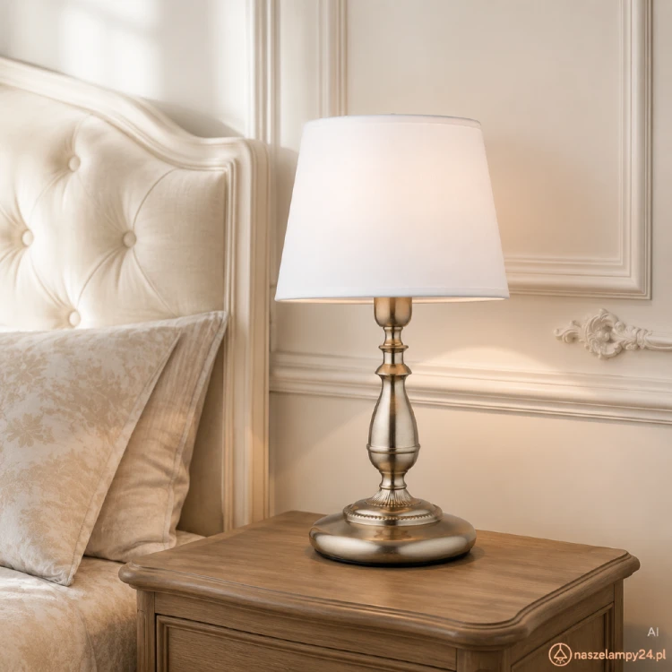 Lampa stołowa ROKSANA 16078 marki Alfa to idealna propozycja dla osób ceniących klasyczny styl z nutą elegancji. Połączenie metalowej podstawy w kolorze patyny z białym, tkaninowym abażurem sprawia, że lampa doskonale wpisuje się w aranżacje sypialni.