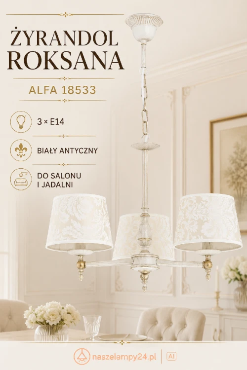 ROKSANA 3xE14 Alfa 18533 to biały antyczny żyrandol z trzema ozdobnymi abażurami. Jasna konstrukcja z delikatnymi przetarciami pasuje do klasycznego salonu, jadalni, sypialni oraz reprezentacyjnego holu.