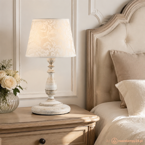 Lampa stołowa ROKSANA Alfa 18538 w kolorze białego antyku z szarym abażurem to eleganckie oświetlenie do sypialni, salonu czy gabinetu. Wykonana ze stali i tkaniny, wysokość 35 cm, szerokość 22 cm. Oprawka 1xE14 40W, IP20, 230V, gwarancja 2 lata