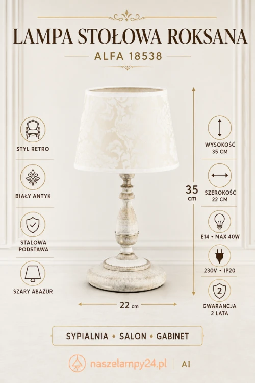 Lampa stołowa ROKSANA Alfa 18538 w kolorze białego antyku z szarym abażurem to eleganckie oświetlenie do sypialni, salonu czy gabinetu. Wykonana ze stali i tkaniny, wysokość 35 cm, szerokość 22 cm. Oprawka 1xE14 40W, IP20, 230V, gwarancja 2 lata