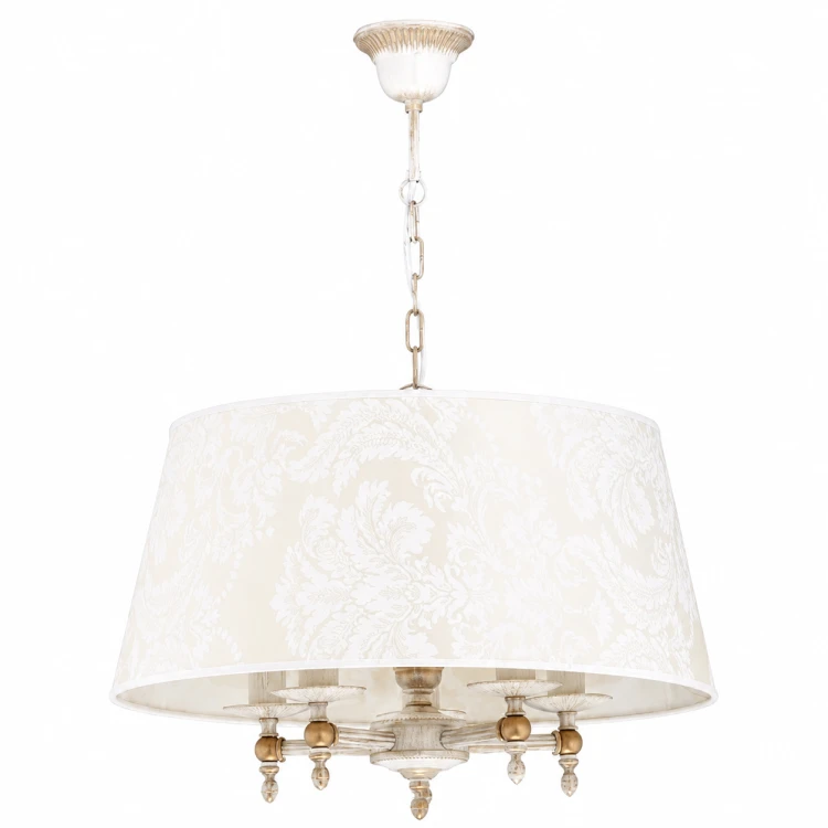 Żyrandol ROKSANA 5xE14 Alfa 18536 w kolorze antycznej bieli zachwyca dużym, dekorowanym abażurem. Elegancka lampa o średnicy 50 cm i wysokości 65 cm doskonale sprawdzi się nad stołem w salonie lub jadalni.