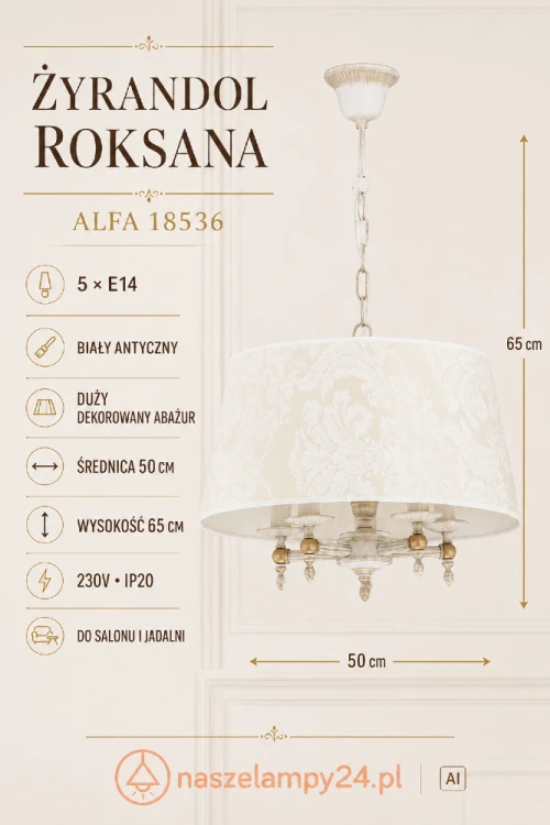 ROKSANA 5xE14 Alfa 18536 to biały antyczny żyrandol z dużym dekorowanym abażurem, który łagodnie rozprasza światło. Stylowe oświetlenie do salonu, jadalni lub sypialni. Średnica 50 cm, wysokość 65 cm.