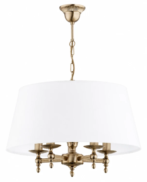 Lampa sufitowa ROKSANA 5xE14 Alfa 16075 łączy klasyczną formę, wykończenie w kolorze patyny i duży biały abażur. Eleganckie oświetlenie do salonu, jadalni lub sypialni, które zapewnia przyjemne światło i dekoruje wnętrze.
