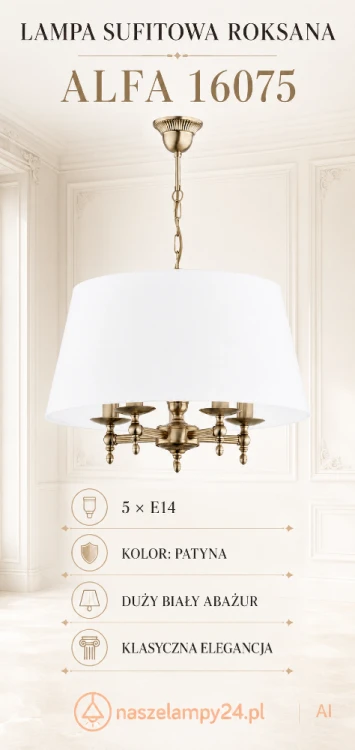 ROKSANA Alfa 16075 to duża lampa sufitowa 5xE14 z białym abażurem i dekoracyjną konstrukcją w kolorze patyny. Stylowe oświetlenie nad stół do jadalni, klasycznego salonu lub sypialni. Poznaj ofertę naszelampy24.pl.