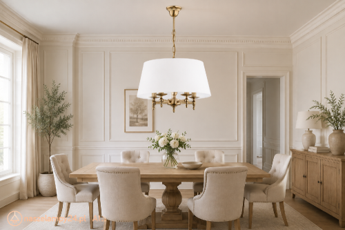 Klasyczna lampa sufitowa ROKSANA Alfa 16075 z pięcioma oprawkami E14 zachwyca detalami w kolorze patyny i dużym białym abażurem. Doskonale pasuje do eleganckiego salonu, jadalni, sypialni oraz wnętrz w stylu retro.