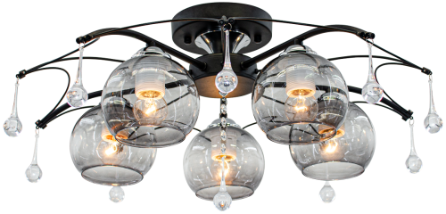 Lampa sufitowa ANKARA 5xE27 Elem to czarny plafon z dymionymi szklanymi kloszami i dekoracyjnymi kryształkami. Szerokość 60 cm, wysokość 22 cm, maksymalnie 60 W na żarówkę i IP20. Efektowne oświetlenie salonu lub jadalni.