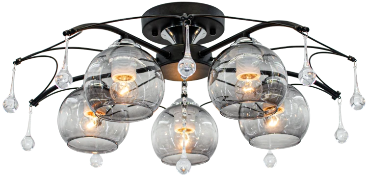 Lampa sufitowa ANKARA 5xE27 Elem to czarny plafon z dymionymi szklanymi kloszami i dekoracyjnymi kryształkami. Szerokość 60 cm, wysokość 22 cm, maksymalnie 60 W na żarówkę i IP20. Efektowne oświetlenie salonu lub jadalni.