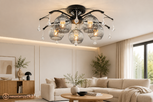 Czarny plafon ANKARA Elem 1985/5 BL 8C zachwyca pięcioma dymionymi kloszami i ozdobnymi kryształkami. Lampa 5xE27 o szerokości 60 cm i wysokości 22 cm pasuje do salonu, sypialni i jadalni. Maksymalnie 60 W na żarówkę, IP20.