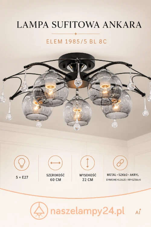 ANKARA 5xE27 to nowoczesna lampa sufitowa z czarnego metalu, dymionego szkła i akrylu. Pięć kloszy oraz kryształowe łezki tworzą dekoracyjny efekt glamour. Plafon ma 60 cm szerokości, 22 cm wysokości i stopień ochrony IP20.