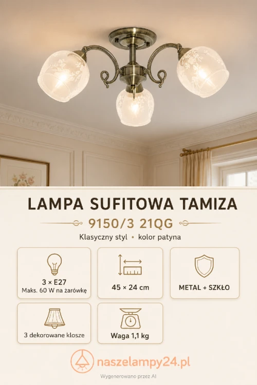 TAMIZA 9150/3 21QG to elegancka lampa przysufitowa Elem z trzema oprawkami E27 i kwiatowymi kloszami ze szkła. Patynowane ramiona podkreślają styl retro, a wysokość 24 cm sprawdza się przy niższym suficie. Szerokość 45 cm, moc maks. 3x60 W. Stylowa klasa.