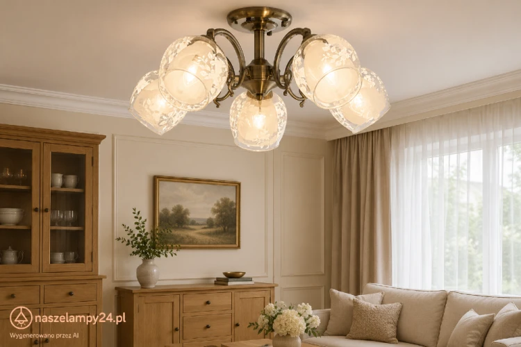 Plafon TAMIZA 9150/5 21QG to elegancka lampa sufitowa z pięcioma oprawkami E27 i podwójnymi, dekorowanymi kloszami. Patynowe wykończenie podkreśli klasyczny charakter salonu, jadalni lub sypialni.