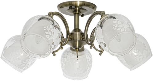Lampa sufitowa TAMIZA 5xE27 Elem w kolorze patyny zachwyca dekorowanymi, podwójnymi kloszami. Klasyczny plafon o szerokości 54 cm doskonale oświetli salon, jadalnię, sypialnię lub elegancki hol.