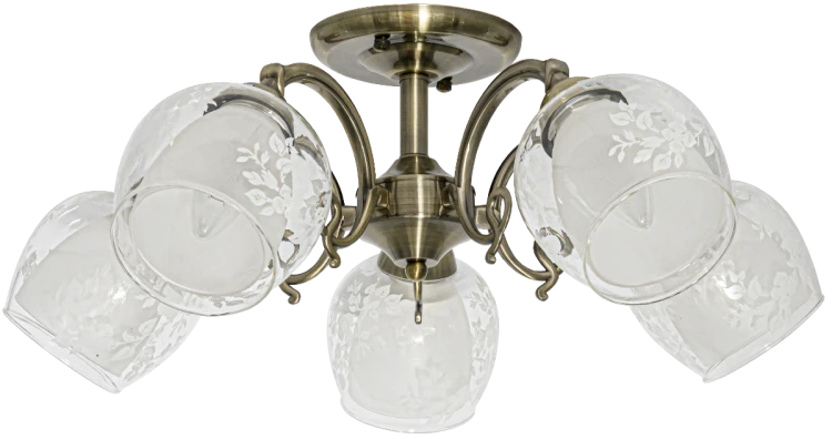 Lampa sufitowa TAMIZA 5xE27 Elem w kolorze patyny zachwyca dekorowanymi, podwójnymi kloszami. Klasyczny plafon o szerokości 54 cm doskonale oświetli salon, jadalnię, sypialnię lub elegancki hol.