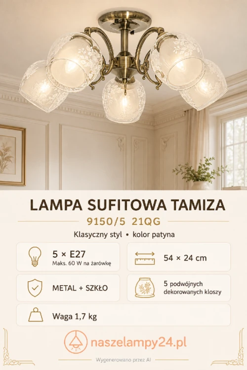 Klasyczna lampa sufitowa TAMIZA 5xE27 marki Elem ma szerokość 54 cm i wysokość 24 cm. Patynowa konstrukcja oraz ozdobne, podwójne klosze tworzą stylowe oświetlenie do salonu, jadalni, sypialni i holu.