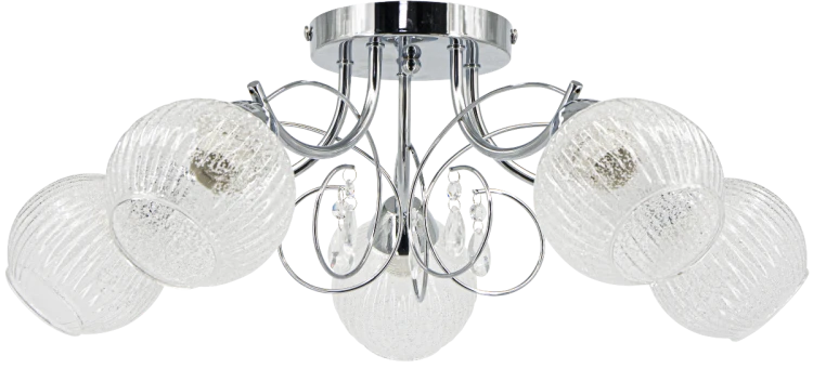 Lampa sufitowa WENUS 5xE27 chrom Elem to elegancki plafon z podwójnymi szklanymi kloszami i akrylowymi zawieszkami. Szerokość 60 cm i wysokość 23 cm. Idealna do salonu, jadalni, sypialni lub holu.