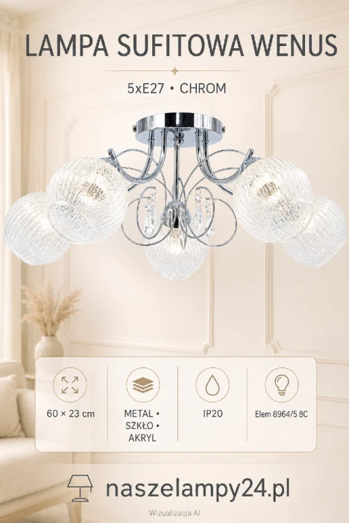 Dekoracyjna lampa sufitowa WENUS 5xE27 łączy chromowany metal, szkło i akryl. Plafon o szerokości 60 cm skutecznie oświetli salon, jadalnię, sypialnię lub hol, podkreślając elegancki charakter wnętrza.