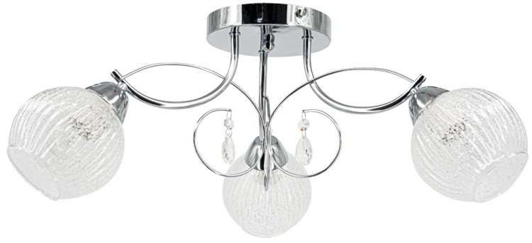 Lampa sufitowa WENUS 3xE27 chrom Elem to elegancki plafon z dekoracyjnymi kloszami ze szkła i kryształowymi zawieszkami. Model o wymiarach 50 × 23 cm doskonale sprawdzi się w salonie, sypialni lub jadalni.