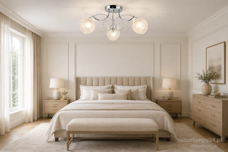 Plafon WENUS Elem 8964/3 8C ma trzy oprawki E27, chromowaną konstrukcję i efektowne szklane klosze. Elegancka lampa sufitowa do salonu, sypialni, jadalni, przedpokoju oraz wnętrz w stylu glamour.