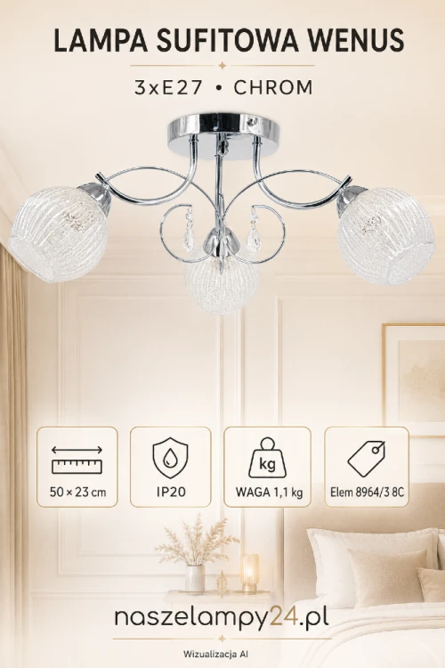 Dekoracyjna lampa sufitowa WENUS 3xE27 łączy połyskujący chrom, fakturowane szkło i kryształowe zawieszki. Plafon ma 50 cm szerokości i tylko 23 cm wysokości, dlatego pasuje również do niższych pomieszczeń.