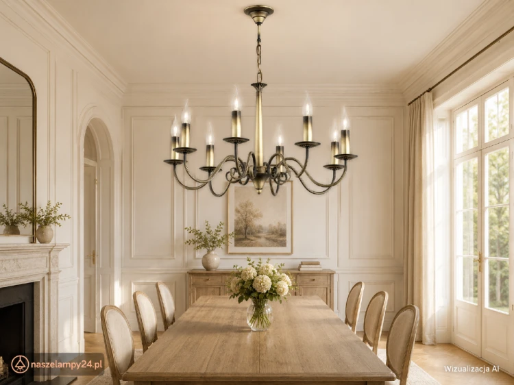 Klasyczny żyrandol ASTI 8xE14 Lemir w kolorze patyny to stylowa lampa sufitowa o świecznikowej formie. Osiem ramion i eleganckie wykończenie sprawiają, że doskonale rozświetli salon, jadalnię lub gabinet, tworząc przytulny klimat.