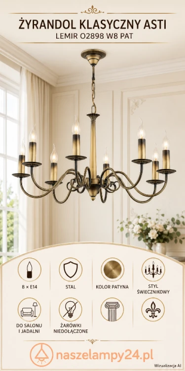 Żyrandol ASTI 8xE14 patyna Lemir O2898 W8 PAT to klasyczna lampa sufitowa o eleganckim charakterze. Metalowa konstrukcja w kolorze patyny i 8 świecznikowych ramion idealnie pasują do wnętrz rustykalnych, retro i glamour.